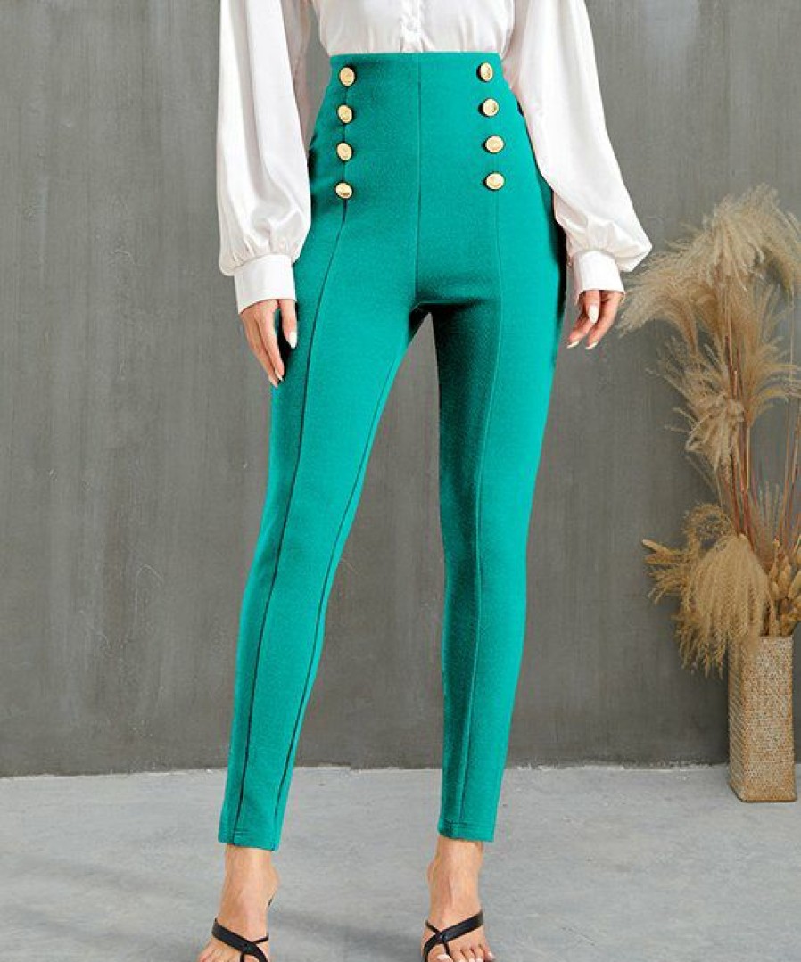 Women * | Top 10 Izuria Turquoise Button-Accent Elastic-Waist Crop Skinny Pants Women