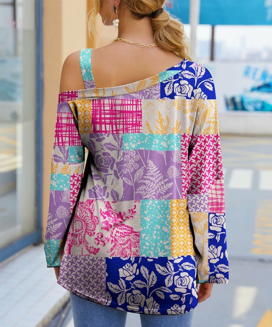 Womens Plus * | Hot Sale Izuria Purple & Blue Patchwork Floral Off-Shoulder Tunic Women