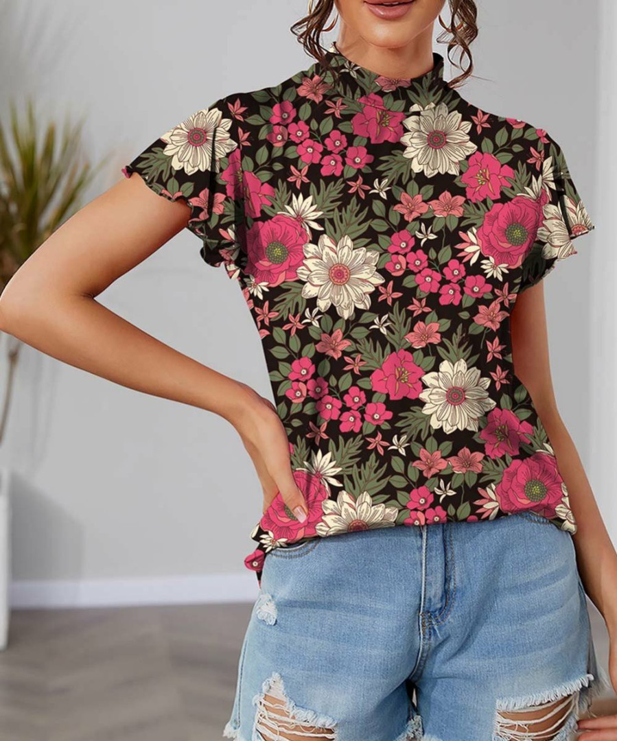 Womens Plus * | Promo Izuria Black & Pink Floral Flutter-Sleeve Mock Neck Top Women & Plus