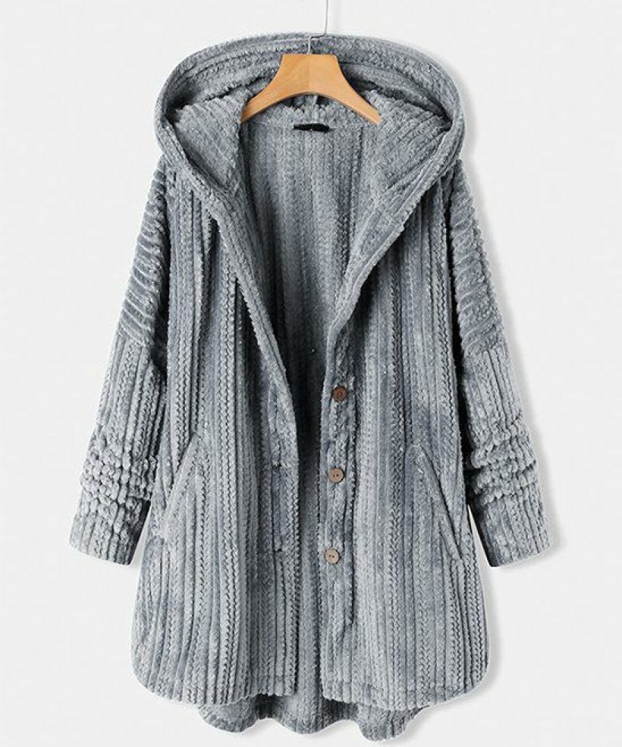 Women * | Brand New Izuria Gray Cable-Knit Hooded Pocket Button-Up Jacket Women & Plus