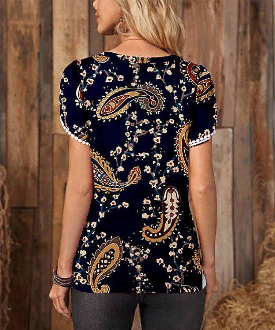 Womens Plus * | Brand New Izuria Navy & Brown Paisley Lace-Trim Cap-Sleeve Top Women