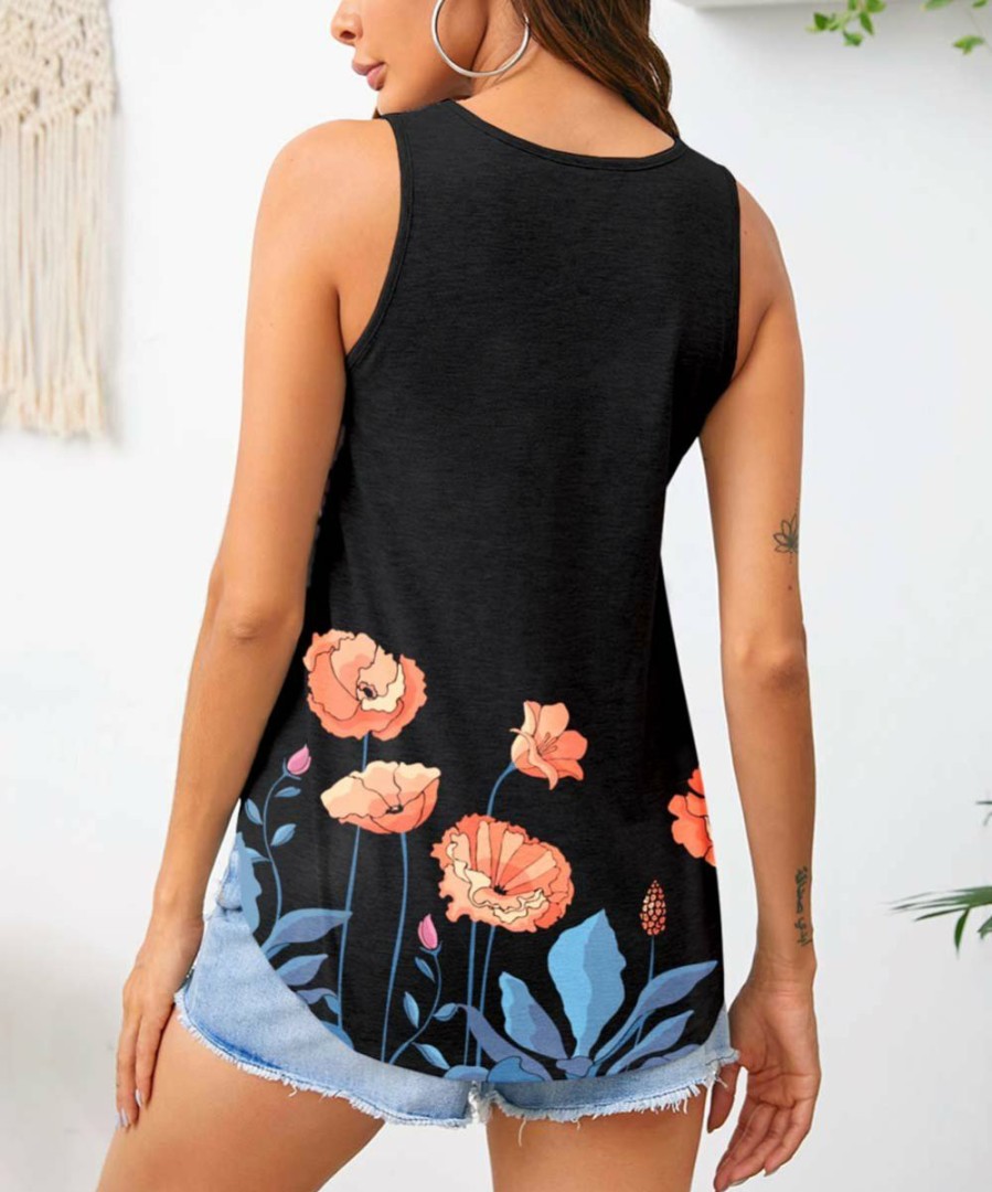 Womens Plus * | Wholesale Izuria Black & Coral Floral V-Neck Tank Women