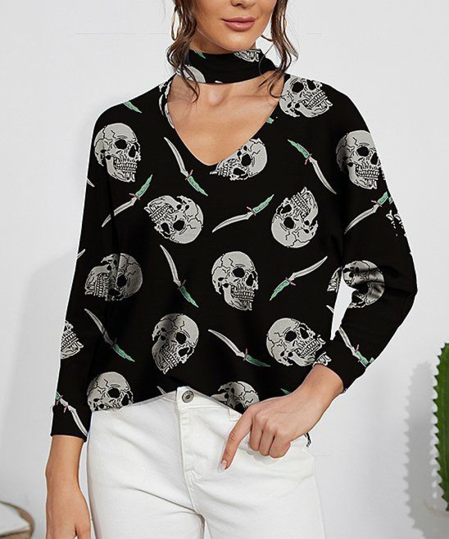 Other * | Promo Izuria Black Skull Keyhole Buttoned-Band Cutout Neck Top Women