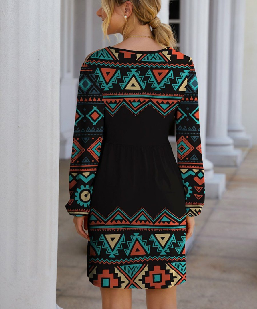 Womens Plus * | Brand New Izuria Black & Teal Geometric Long-Sleeve Surplice Dress Women