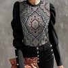 Womens Plus * | Brand New Izuria Black & White Medallion Button-Accent Long Puff-Sleeve Top Women