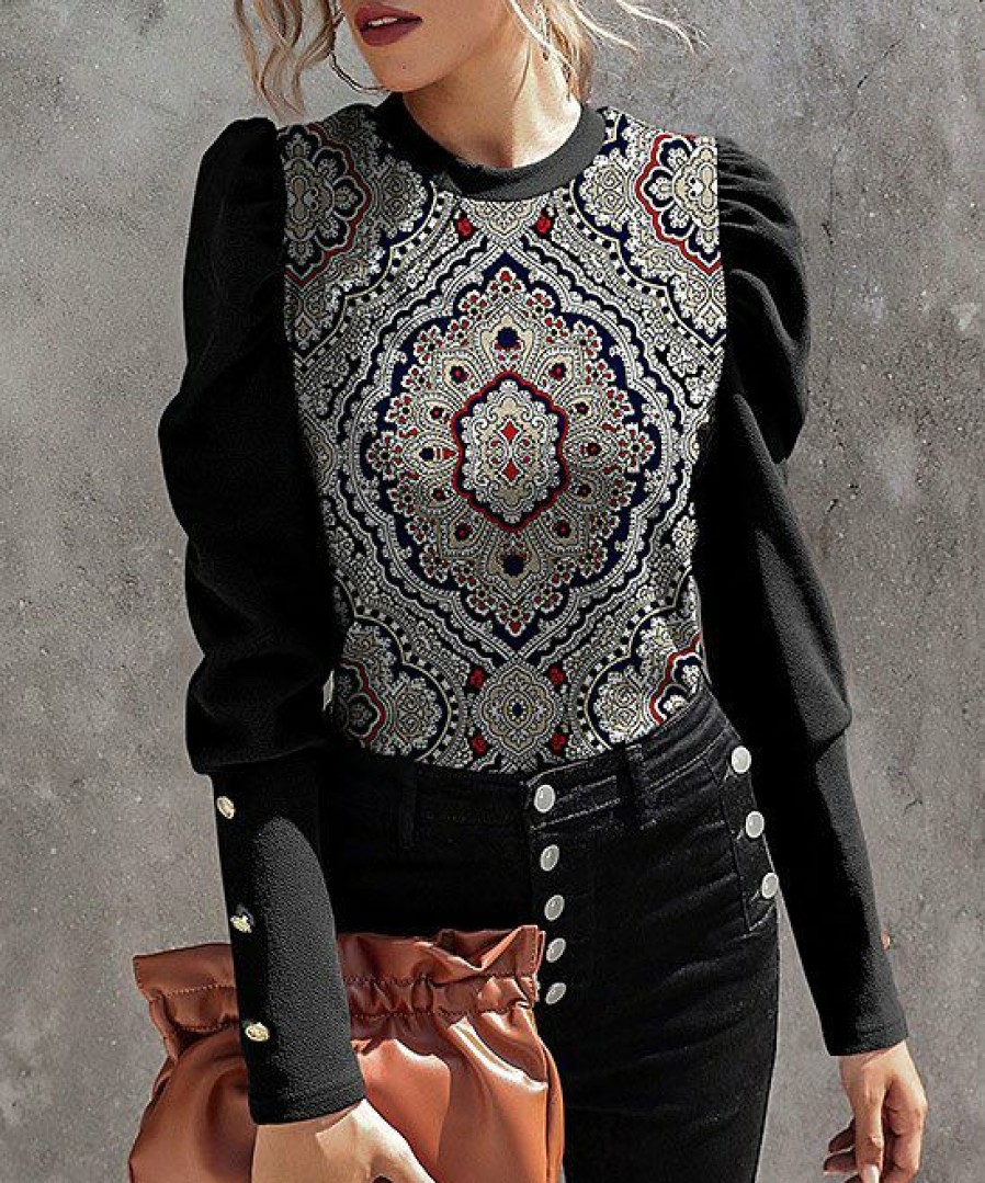 Womens Plus * | Brand New Izuria Black & White Medallion Button-Accent Long Puff-Sleeve Top Women