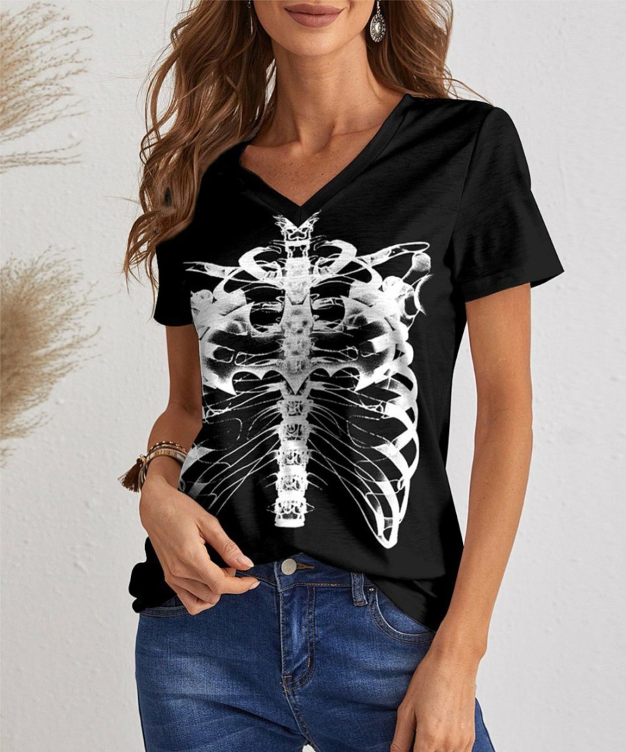 Womens Plus * | Flash Sale Izuria Black & White Skeleton V-Neck Tee Women