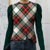 Women * | Discount Izuria Dark Green & Red Plaid Puff-Sleeve Top Plus