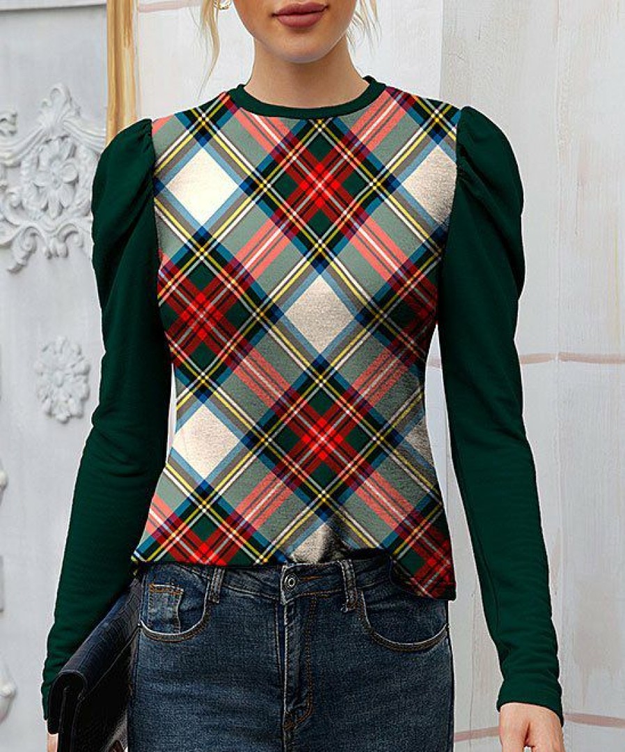 Women * | Discount Izuria Dark Green & Red Plaid Puff-Sleeve Top Plus