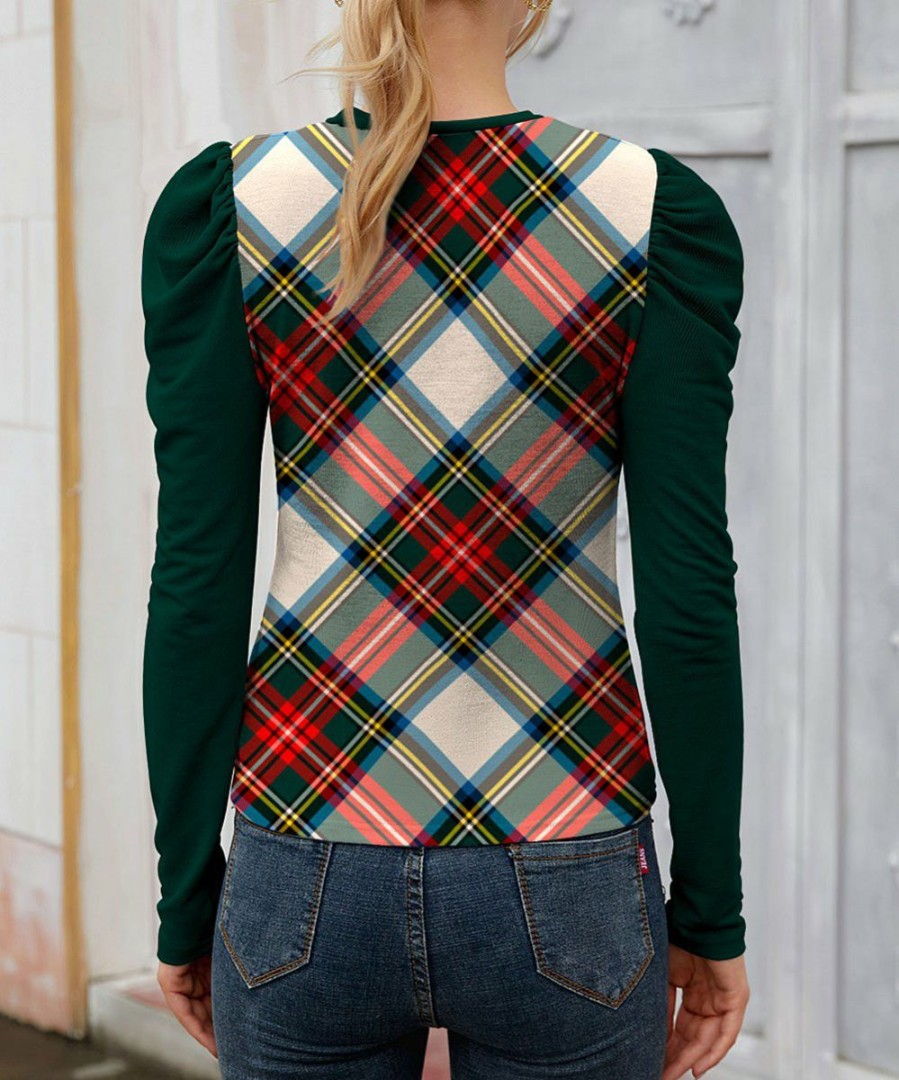 Women * | Discount Izuria Dark Green & Red Plaid Puff-Sleeve Top Plus