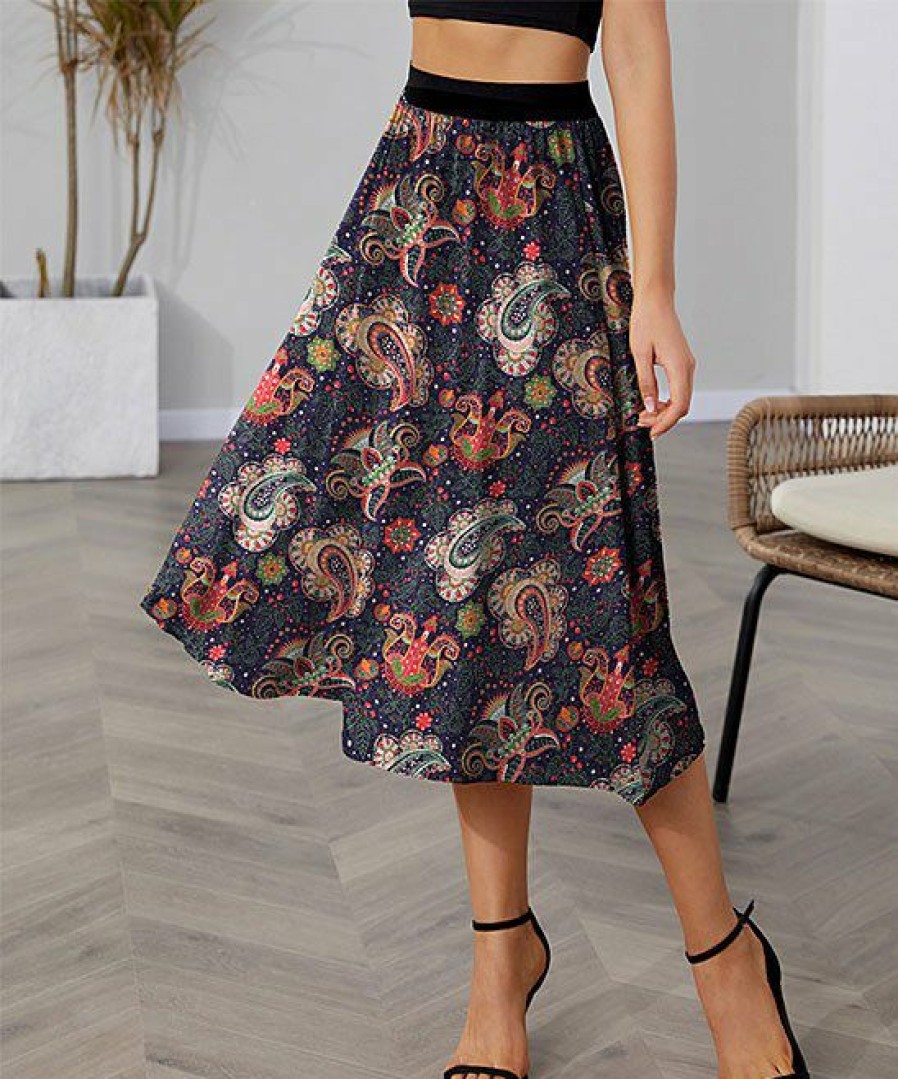 Women * | Coupon Izuria Dark Blue & Pink Paisley A-Line Midi Skirt Women