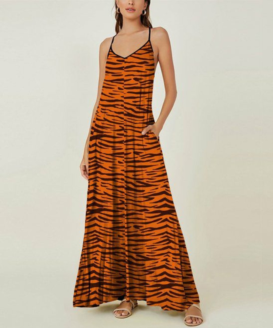 Womens Plus * | Wholesale Izuria Orange & Coffee Zebra Pocket Sleeveless Maxi Dress Women