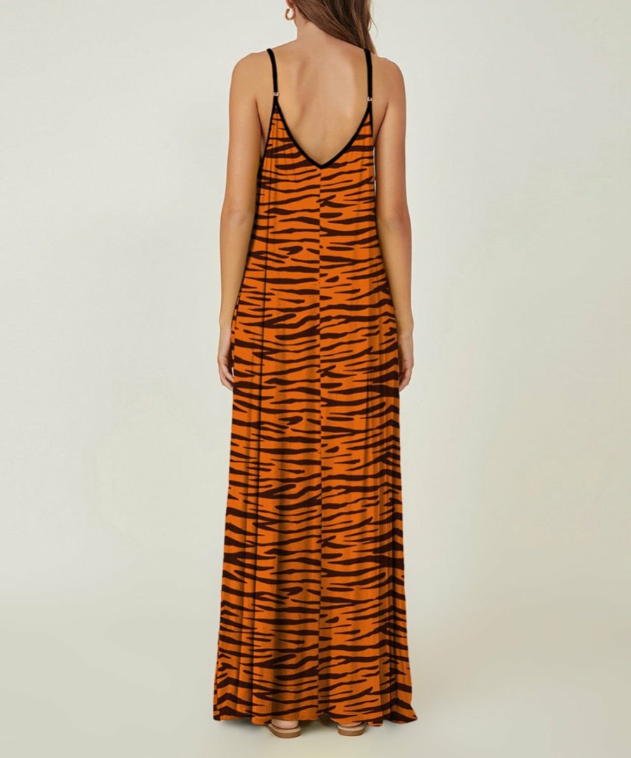 Womens Plus * | Wholesale Izuria Orange & Coffee Zebra Pocket Sleeveless Maxi Dress Women