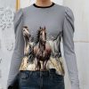 Womens Plus * | Best Deal Izuria Gray & Yellow Horse Crewneck Puff-Sleeve Top Women