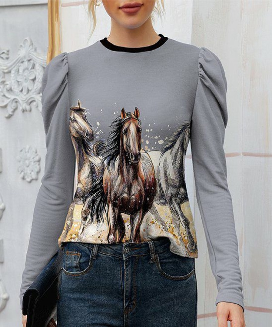 Womens Plus * | Best Deal Izuria Gray & Yellow Horse Crewneck Puff-Sleeve Top Women