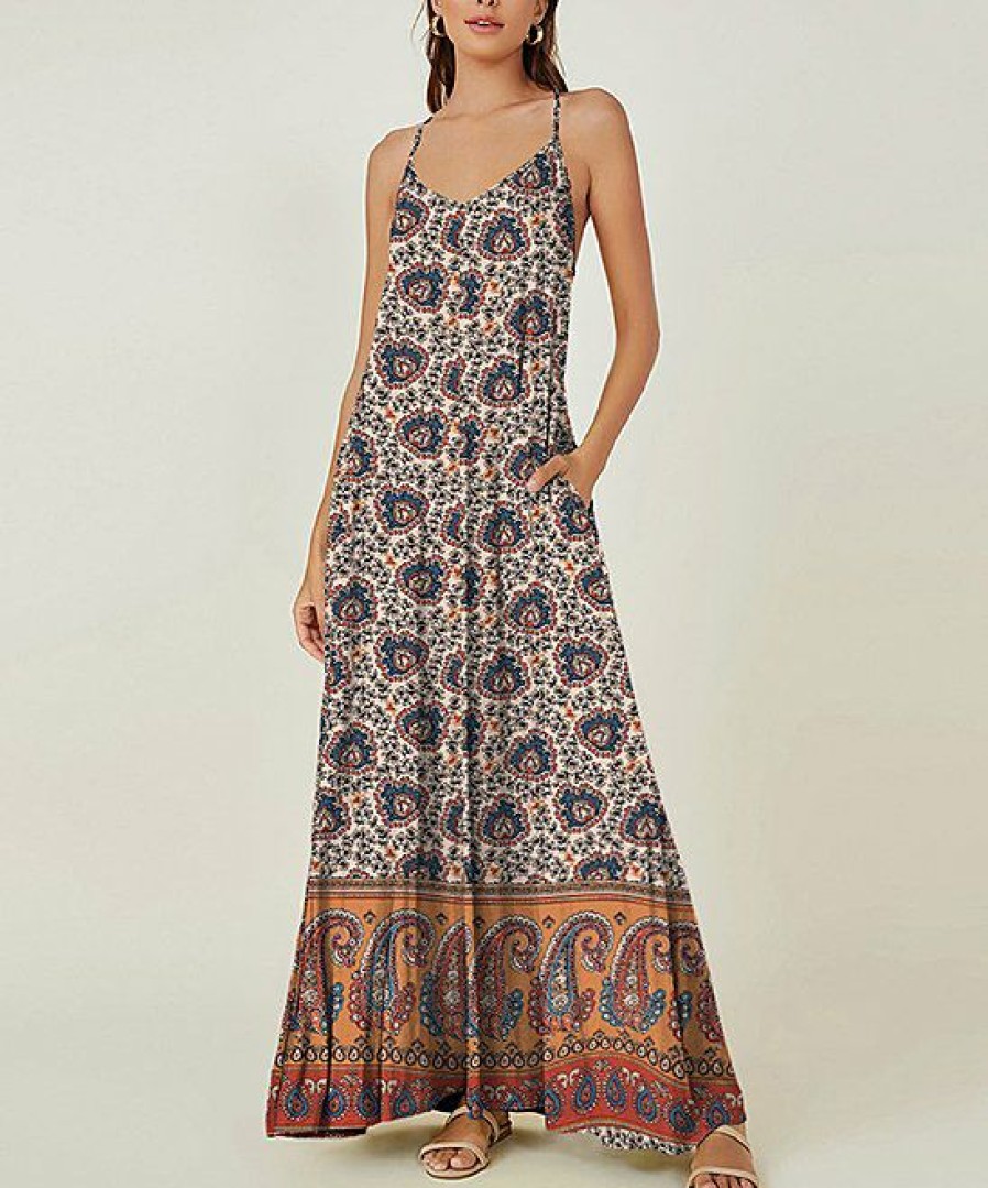 Womens Plus * | Coupon Izuria Apricot & Orange Paisley Sleeveless Maxi Dress Women