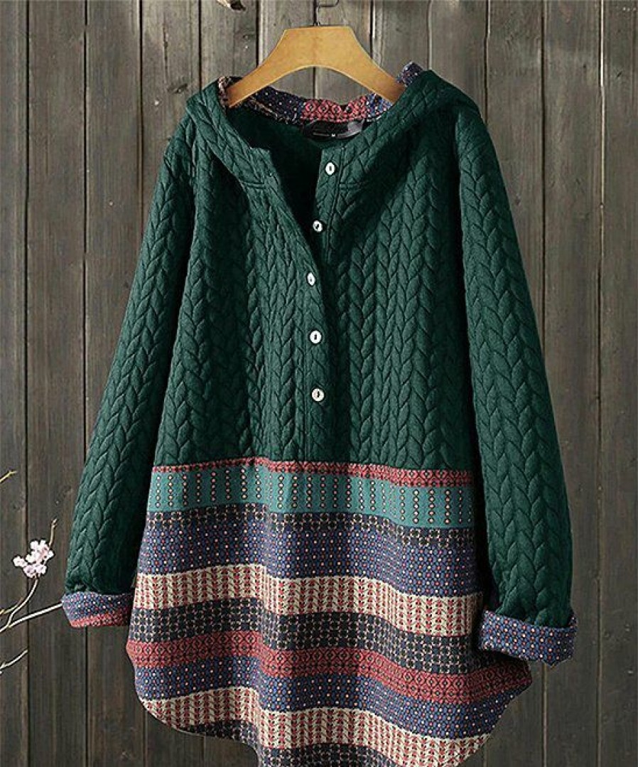 Women * | Best Reviews Of Izuria Green Geometric Button-Front Hoodie Women