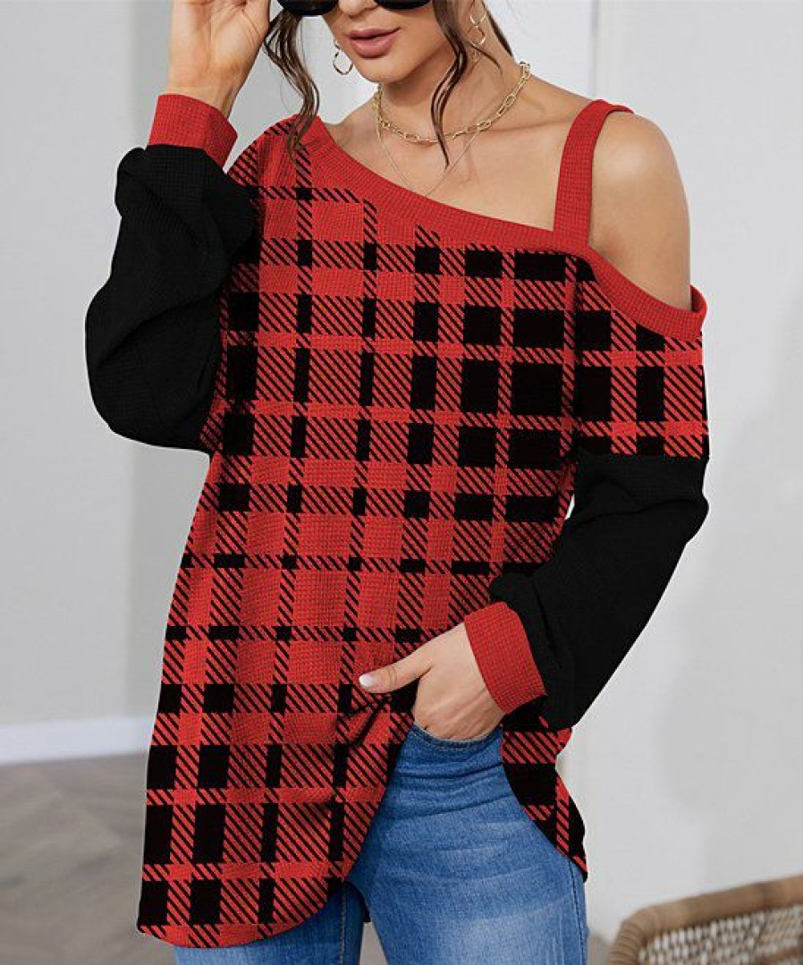 Women * | Best Reviews Of Izuria Red & Black Plaid Bishop-Sleeve Waffle-Knit Asymmetrical Tunic Women