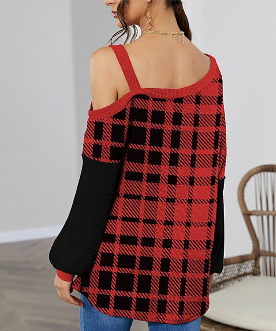 Women * | Best Reviews Of Izuria Red & Black Plaid Bishop-Sleeve Waffle-Knit Asymmetrical Tunic Women