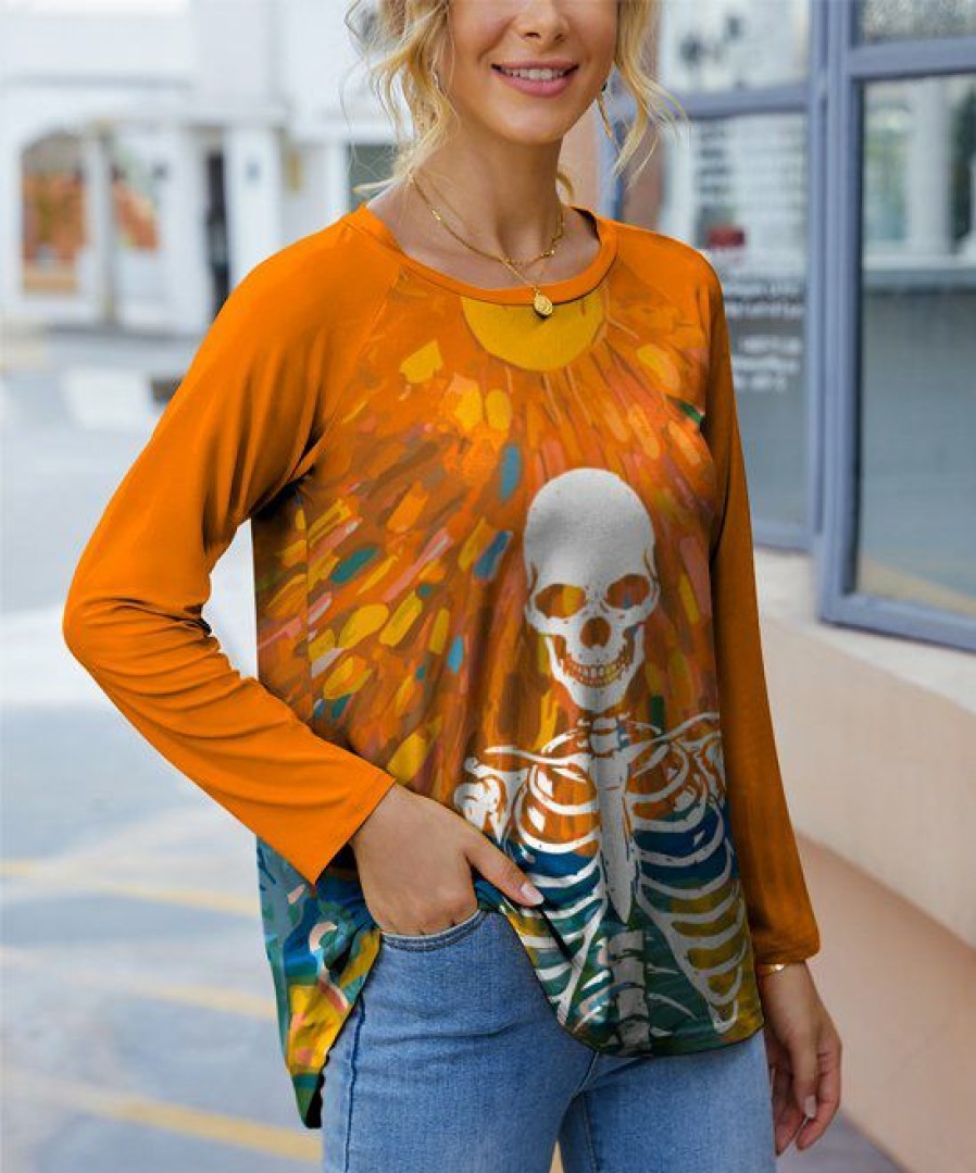 Women * | Best Pirce Izuria Orange Abstract Skeleton Crewneck Raglan Top Plus