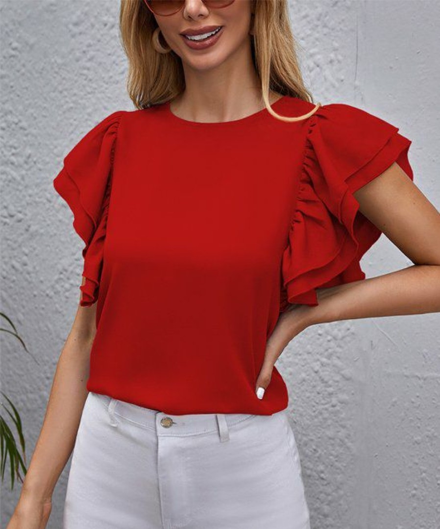 Women * | Best Reviews Of Izuria Red Ruffle Flutter-Sleeve Crewneck Top Plus