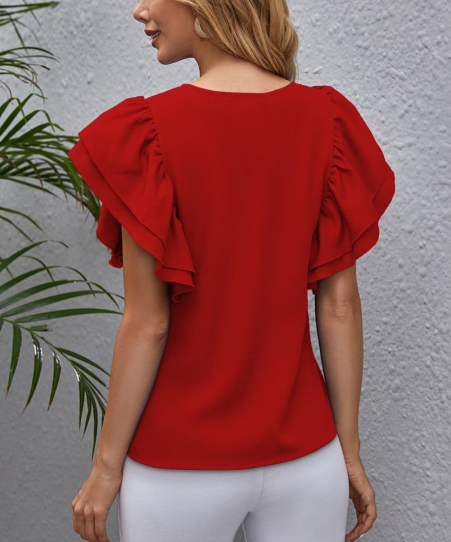 Women * | Best Reviews Of Izuria Red Ruffle Flutter-Sleeve Crewneck Top Plus