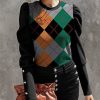 Women * | Promo Izuria Black & Orange Geometric Button-Accent Mutton-Sleeve Top Women & Plus