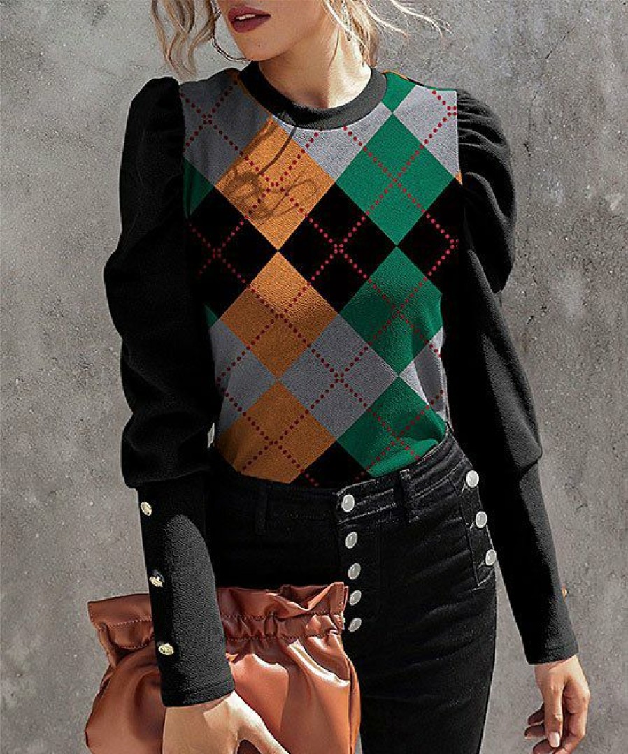 Women * | Promo Izuria Black & Orange Geometric Button-Accent Mutton-Sleeve Top Women & Plus