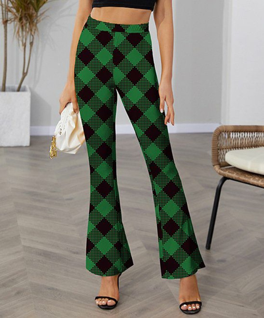 Womens Plus * | Best Sale Izuria Black & Green Plaid Elastic-Waist Flare Pants Women