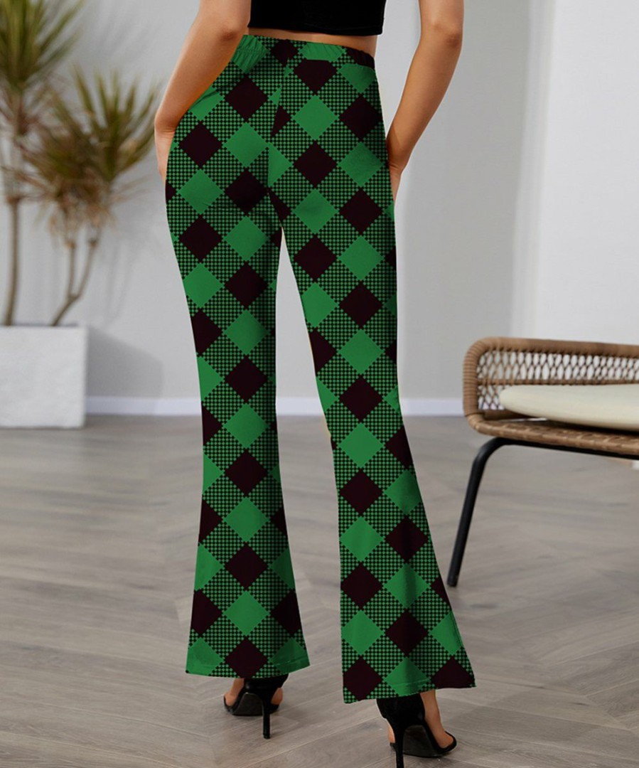 Womens Plus * | Best Sale Izuria Black & Green Plaid Elastic-Waist Flare Pants Women