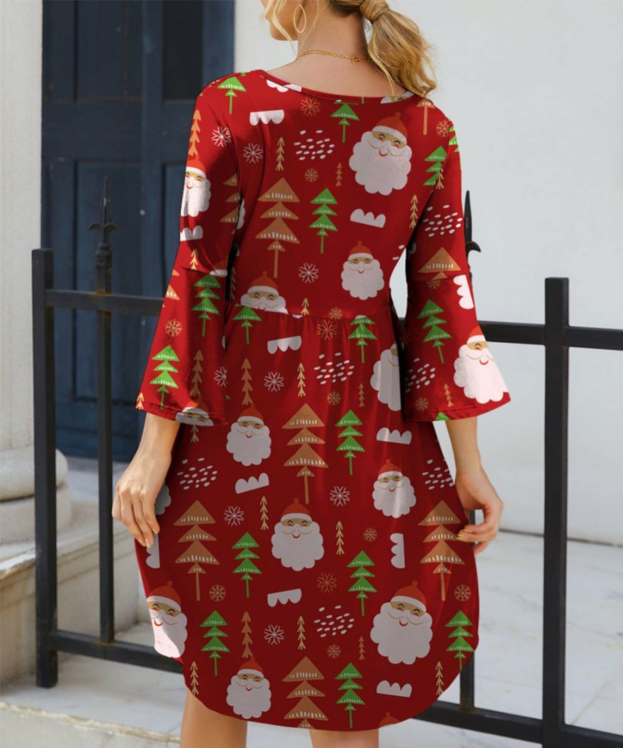 Womens Plus * | Coupon Izuria Red Santa Tree Three-Quarter Bell-Sleeve Empire-Waist Dress Women