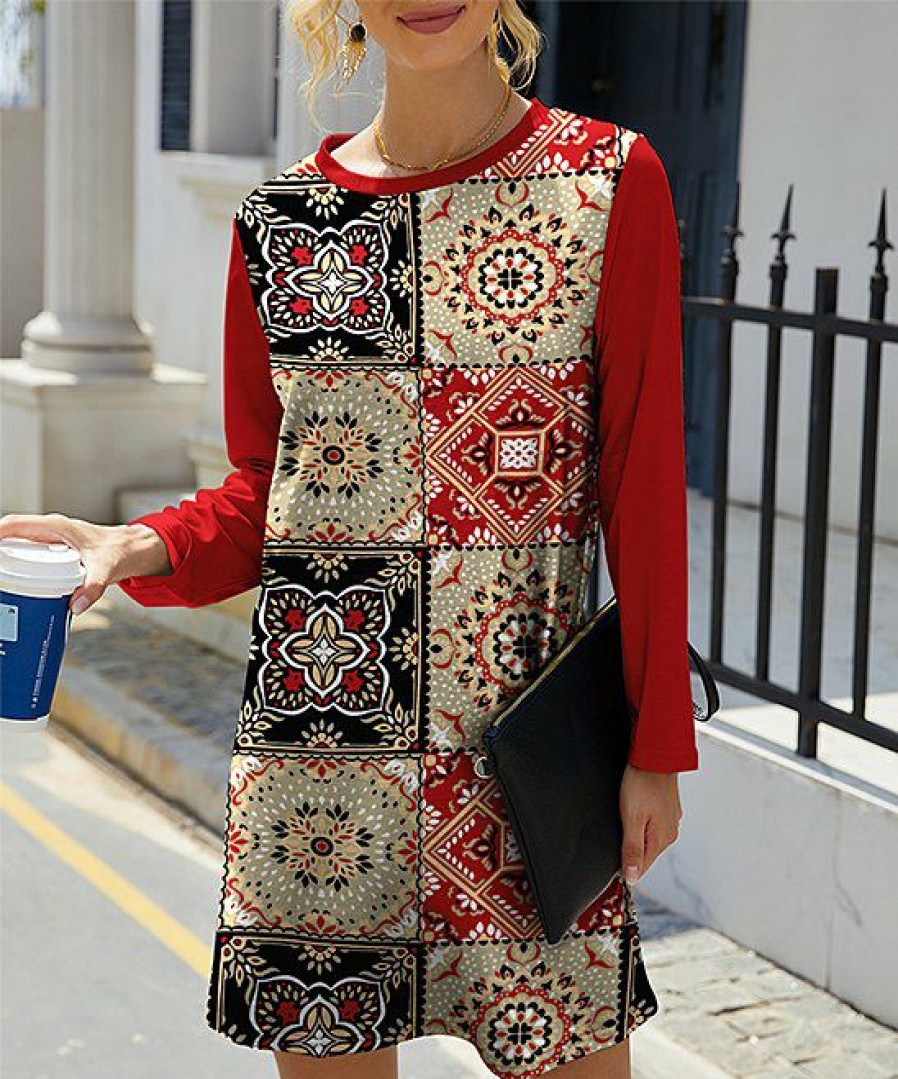 Womens Plus * | Best Pirce Izuria Red & Khaki Mandala Patchwork Long-Sleeve Shift Dress Women