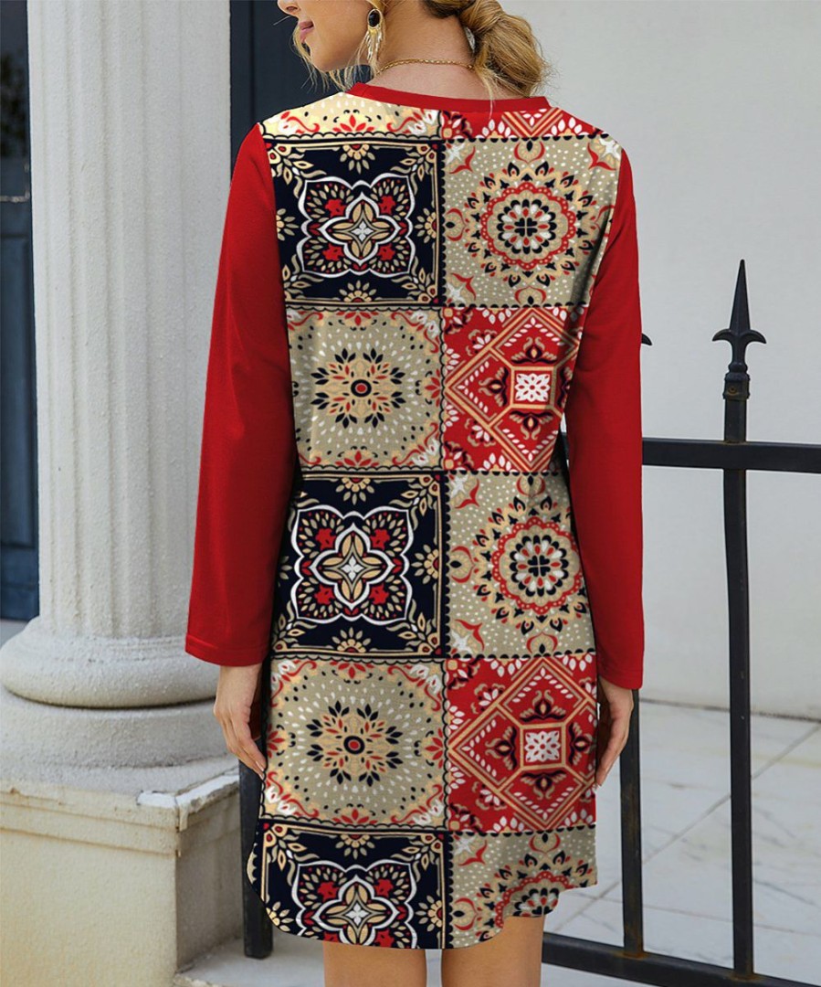 Womens Plus * | Best Pirce Izuria Red & Khaki Mandala Patchwork Long-Sleeve Shift Dress Women