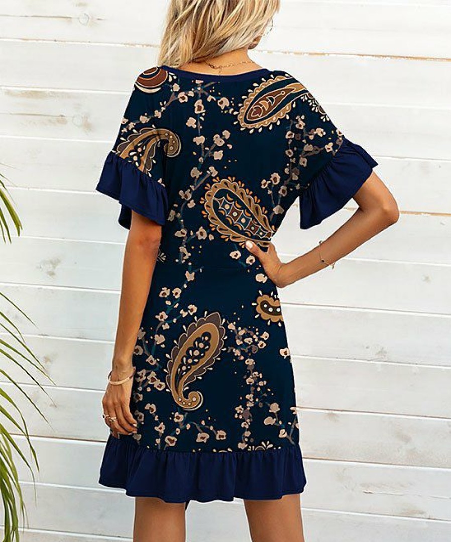 Womens Plus * | Outlet Izuria Navy & Brown Paisley Ruffle Tie-Waist Dress Plus