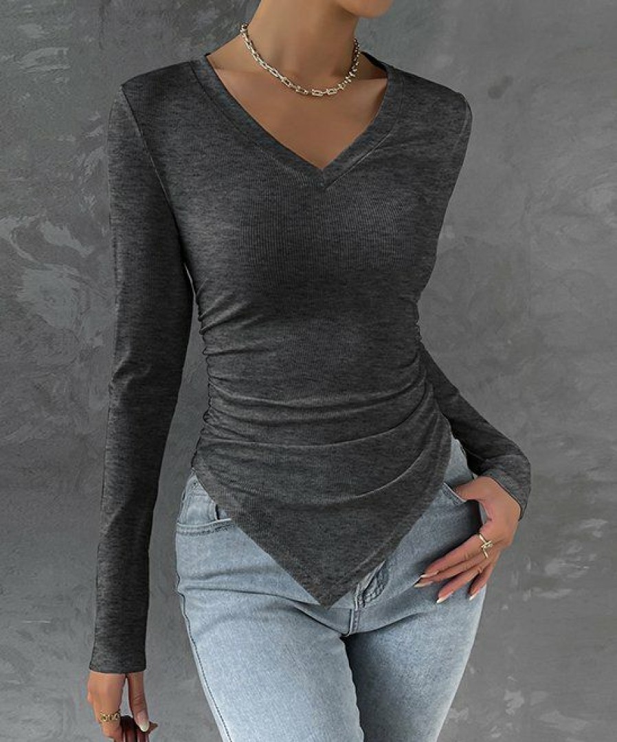 Womens Plus * | Brand New Izuria Charcoal Side-Shirred Triangle-Hem V-Neck Top Women