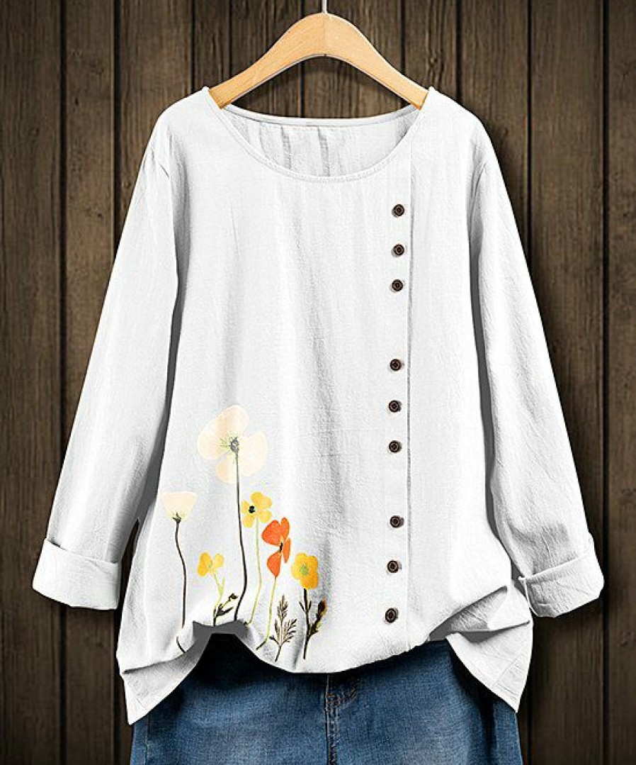 Womens Plus * | Budget Izuria White Floral Side-Button Long-Sleeve Top Plus