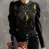 Women * | Buy Izuria Black & Golden Moon & Sun Button-Accent Puff-Sleeve Top Women