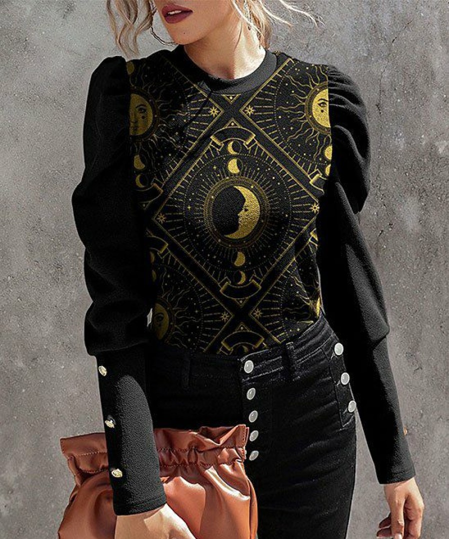 Women * | Buy Izuria Black & Golden Moon & Sun Button-Accent Puff-Sleeve Top Women