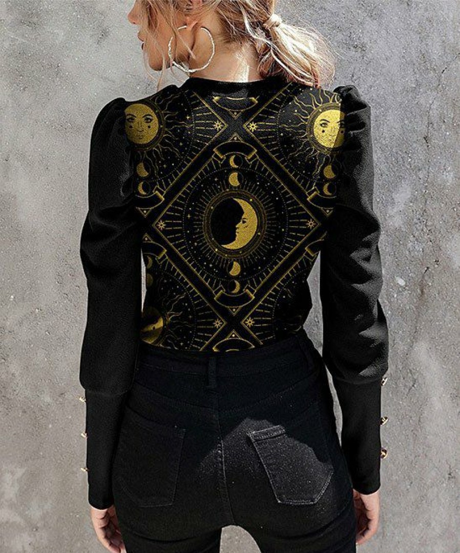 Women * | Buy Izuria Black & Golden Moon & Sun Button-Accent Puff-Sleeve Top Women