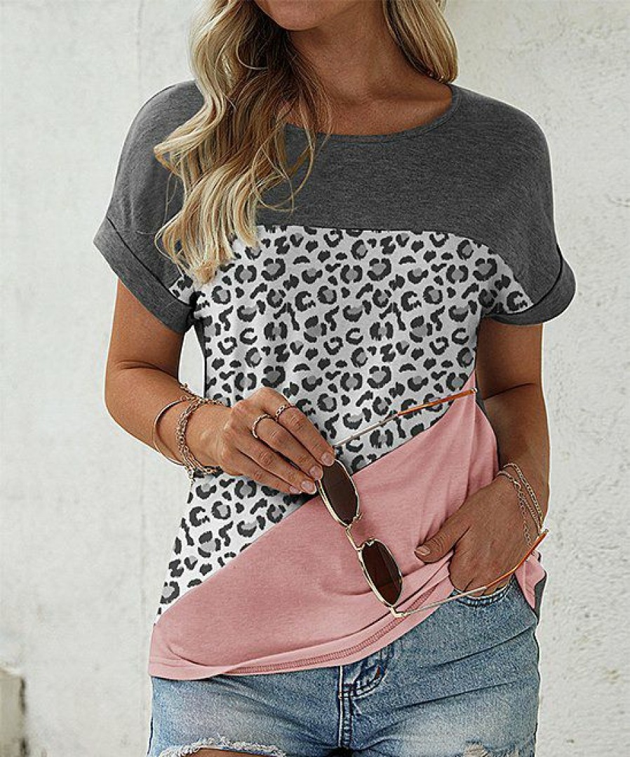 Women * | Cheapest Izuria Gray & Pink Leopard Color Block Tee Women