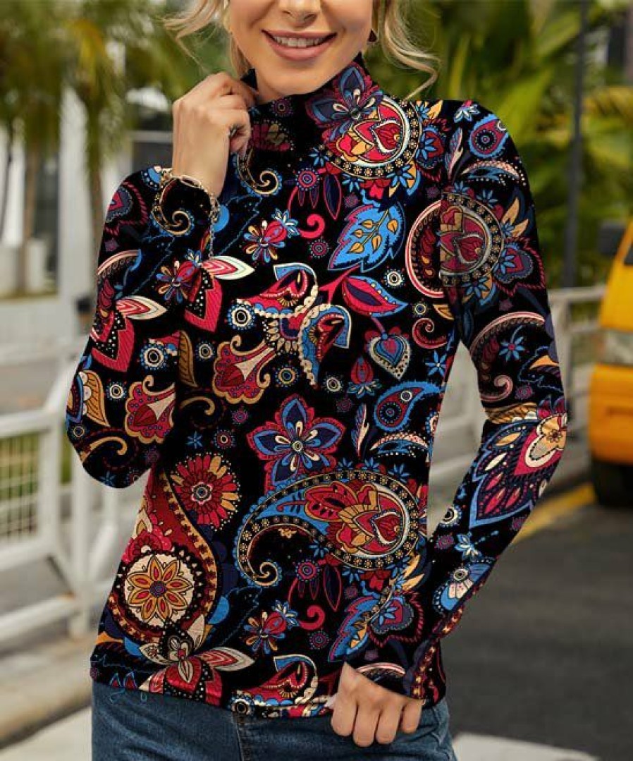 Womens Plus * | Hot Sale Izuria Black & Red Floral Paisley-Accent Long-Sleeve Mock Neck Top Women