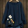 Women * | Best Reviews Of Izuria Navy Floral Side-Button Long-Sleeve Top Plus