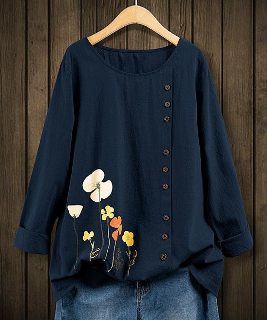 Women * | Best Reviews Of Izuria Navy Floral Side-Button Long-Sleeve Top Plus