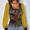 Womens Plus * | New Izuria Yellow & Green Floral Bishop-Sleeve Square Neck Top Women