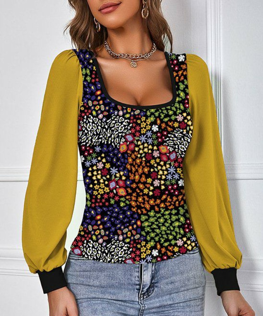 Womens Plus * | New Izuria Yellow & Green Floral Bishop-Sleeve Square Neck Top Women