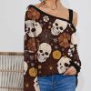 Womens Plus * | Best Sale Izuria Wine Skull Floral One-Shoulder Lantern-Sleeve Tunic Women