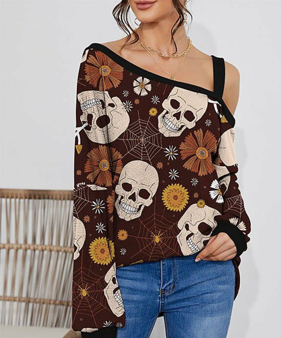 Womens Plus * | Best Sale Izuria Wine Skull Floral One-Shoulder Lantern-Sleeve Tunic Women