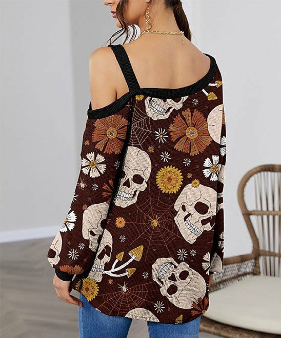 Womens Plus * | Best Sale Izuria Wine Skull Floral One-Shoulder Lantern-Sleeve Tunic Women