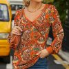 Womens Plus * | Best Pirce Izuria Tangerine & Yellow Floral Bishop-Sleeve Surplice Top Plus