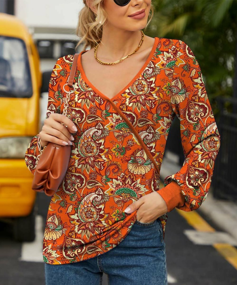 Womens Plus * | Best Pirce Izuria Tangerine & Yellow Floral Bishop-Sleeve Surplice Top Plus